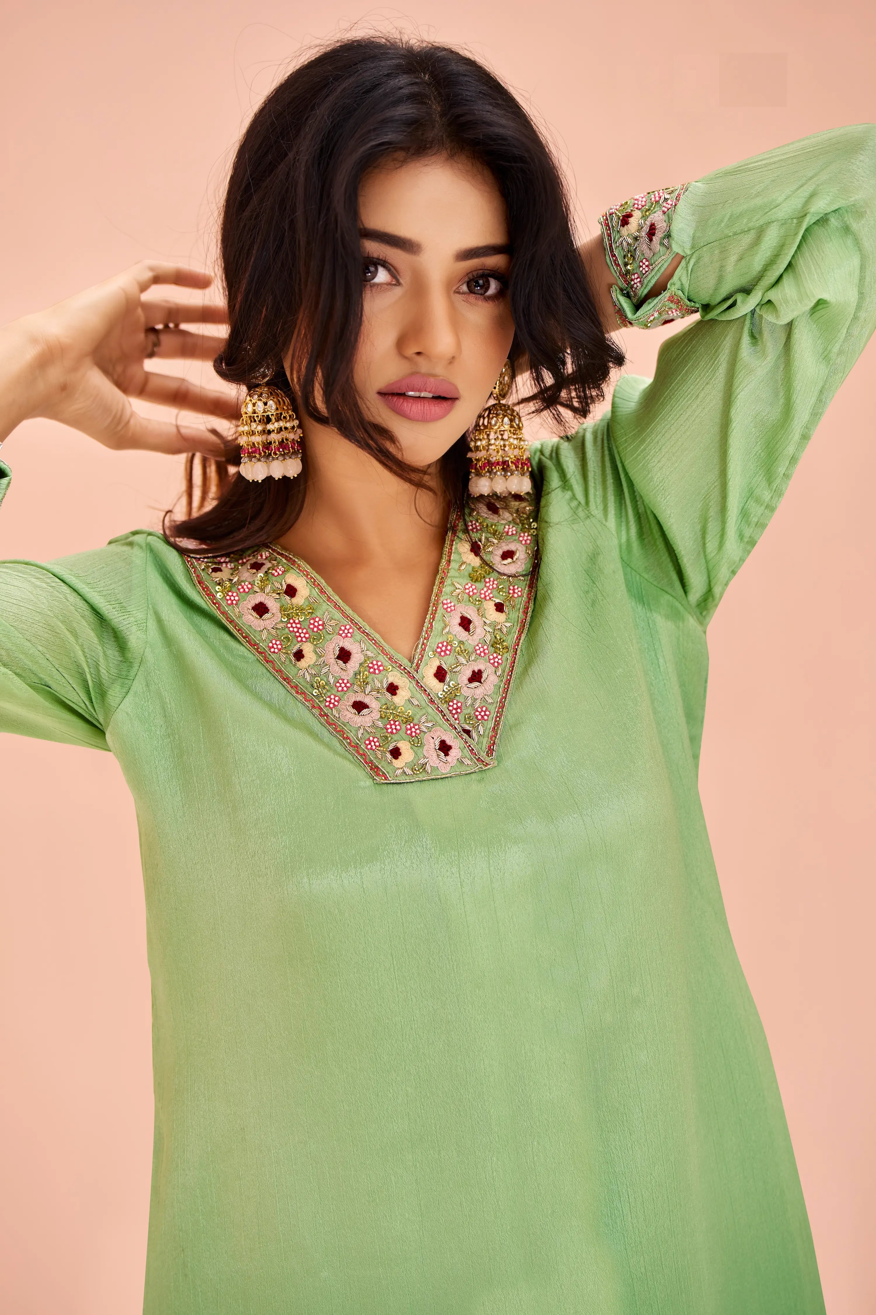 Pista Green Chinon Salwar Suit With Handwork - qivii