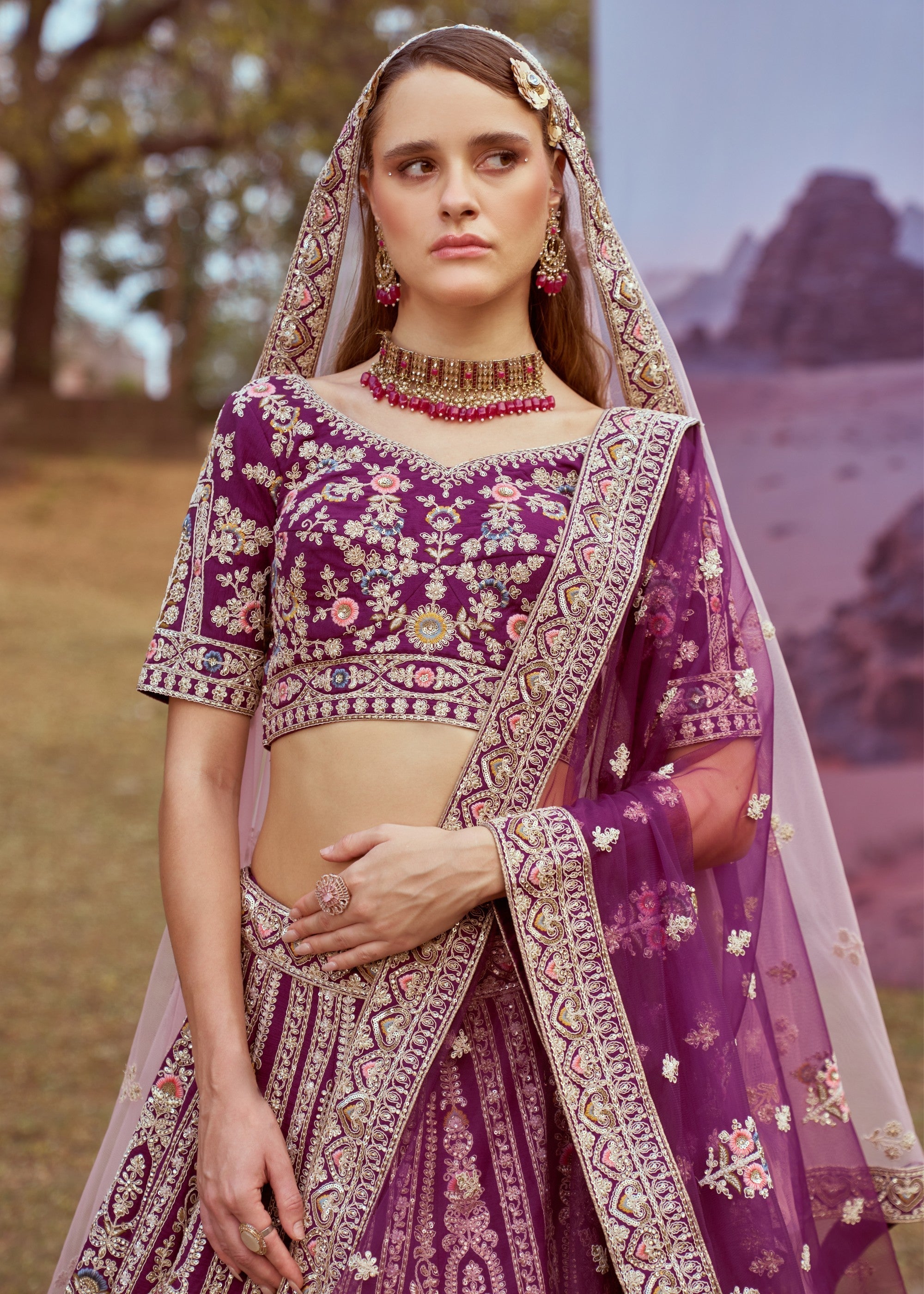 Purple Pure Silk Moti Coding Embroidery Bridal Lehenga | Ready To Wear - qivii