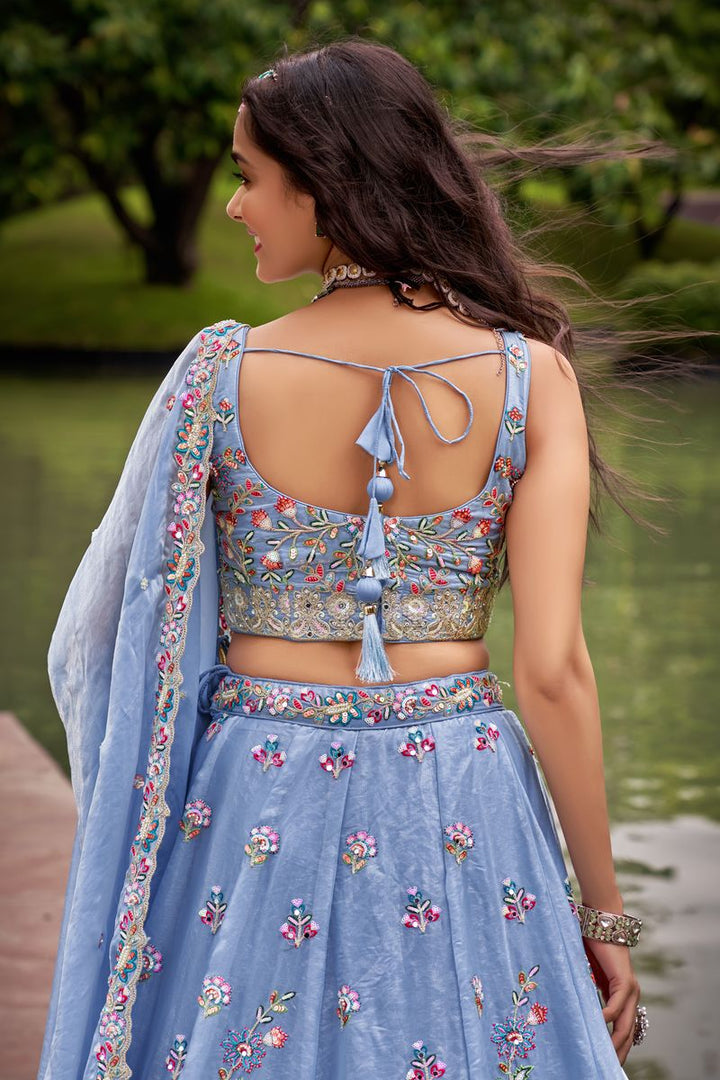 Turquoise blue Organza fabric Sequins & Mirror work Semi-Stitched Lehenga choli & Dupatta