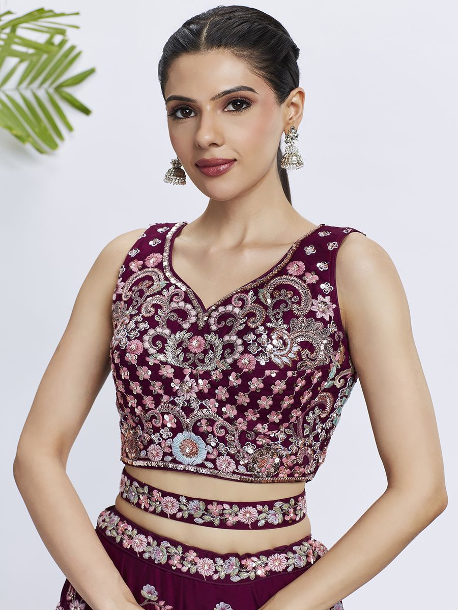 Burgundy - Pure Georgette Golden Sequined, Multi-Color Thread & Zarkan Embroidered Semi-Stitched Lehenga choli