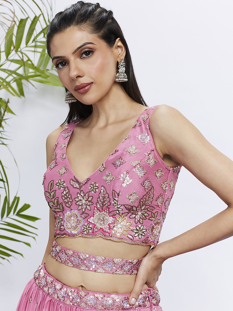 Pink Chiffon Sequins and thread embroidery Semi-Stitched Lehenga choli & Printed Dupatta