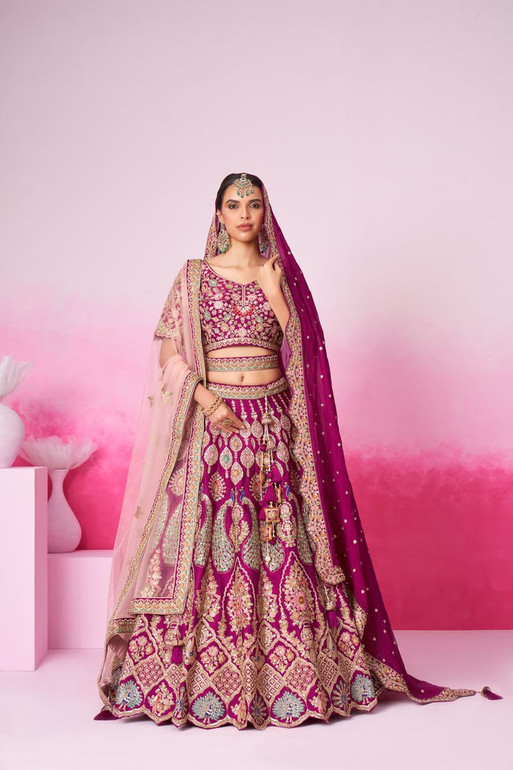 Burgundy - Pure Silk Fully Embroidered Using Moti,Sequin & Multicolor Thread Bridal Semi Stitched Lehenga with Double Dupatta