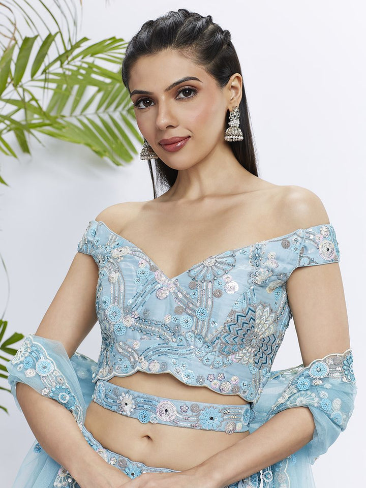 Sky blue Organza Sequins, Zarkan and thread embroidery Semi-Stitched Lehenga choli & Dupatta