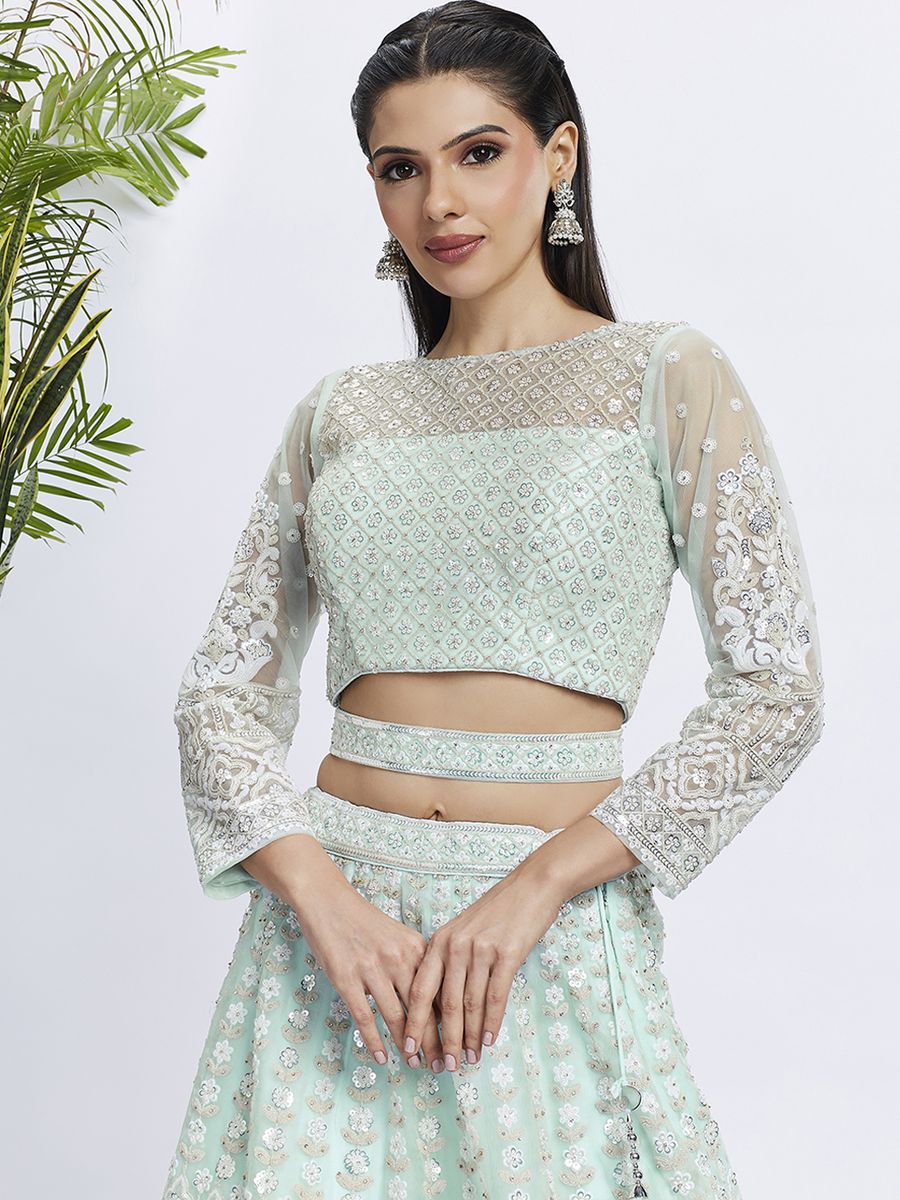 Turquoise Blue - White Color Sequined & Heavy Embroidered Net Semi-Stitched Lehenga choli