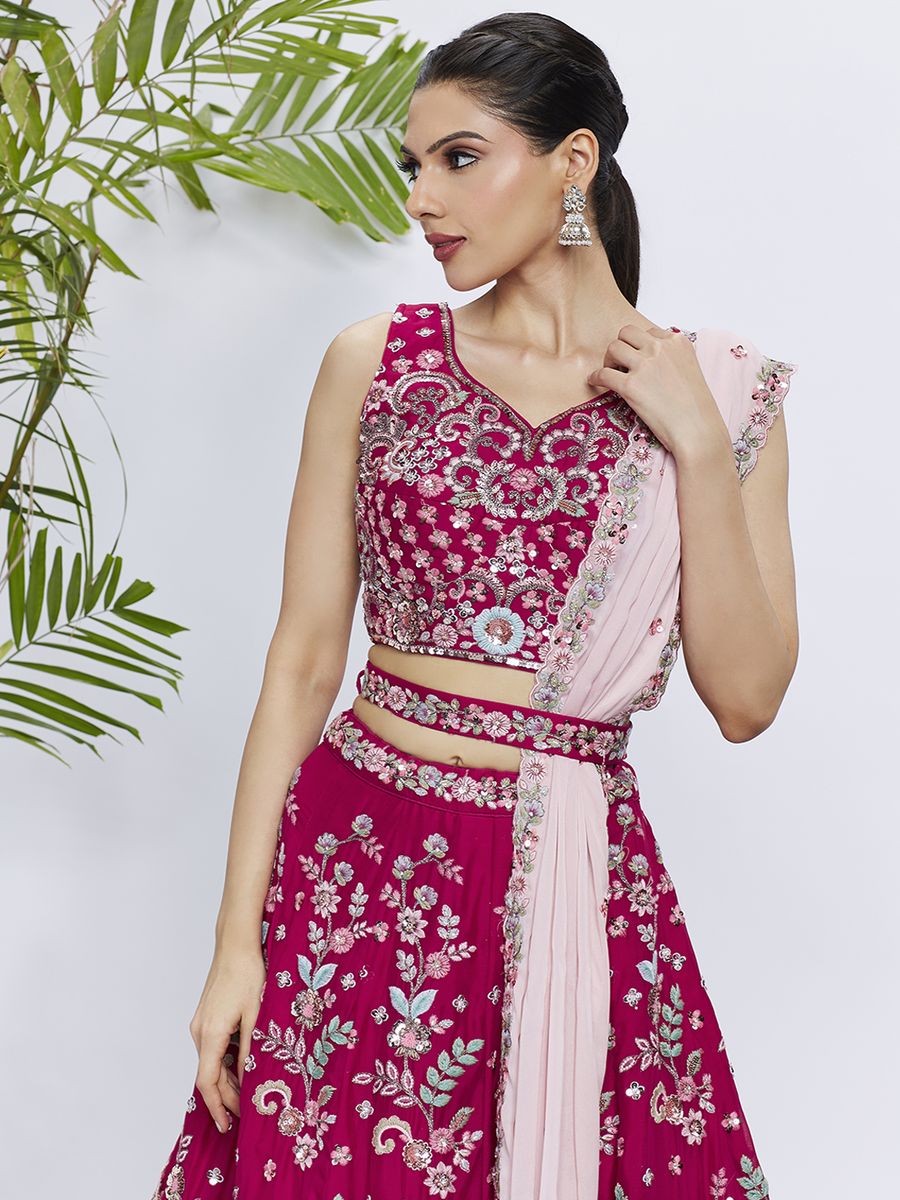 Rose - Pure Georgette Golden Sequined, Multi-Color Thread & Zarkan Embroidered Semi-Stitched Lehenga choli