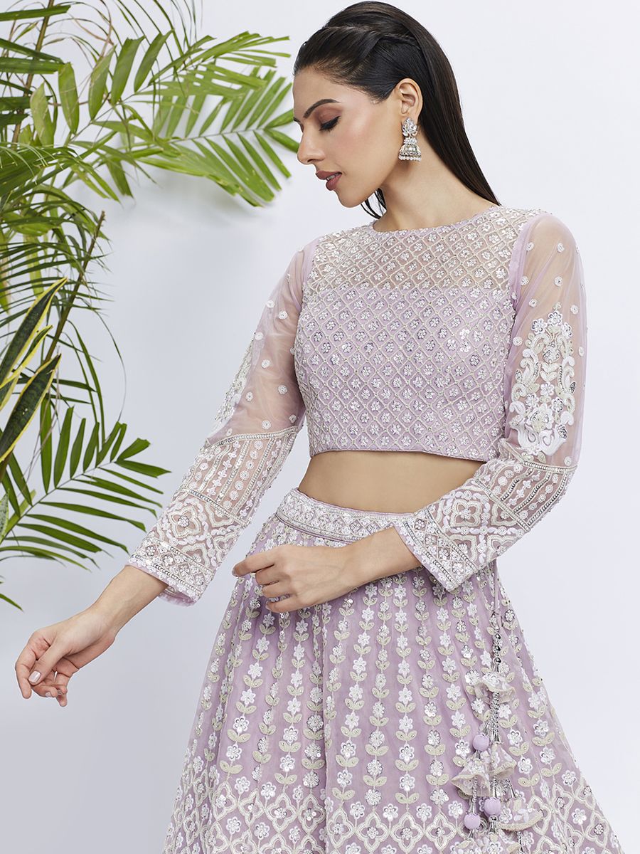 Lavender - White Color Sequined & Heavy Embroidered Net Semi-Stitched Lehenga choli