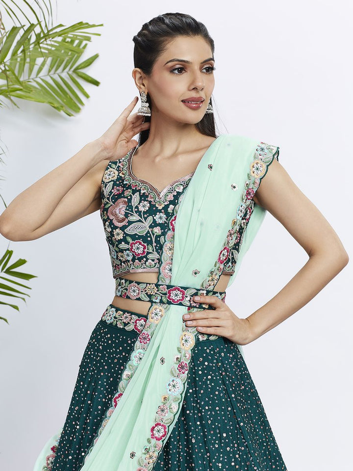 Green chiffon lehenga with multi-color thread and sequin heavy embroidery 