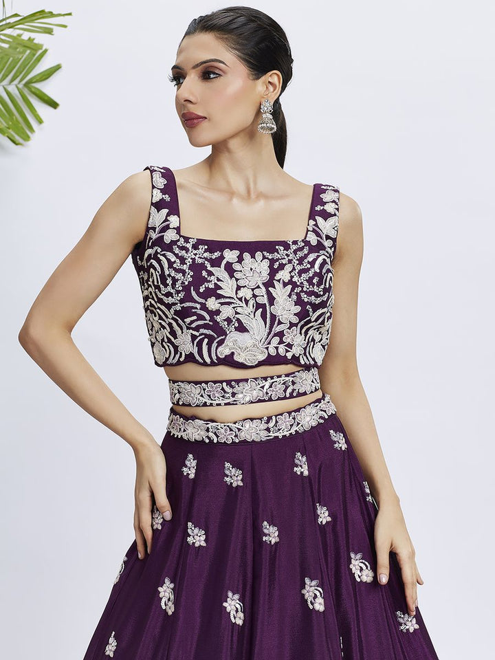 Purple - Pure Georgette White Sequin,White Thread Embroidered Semi-Stitched Lehenga choli