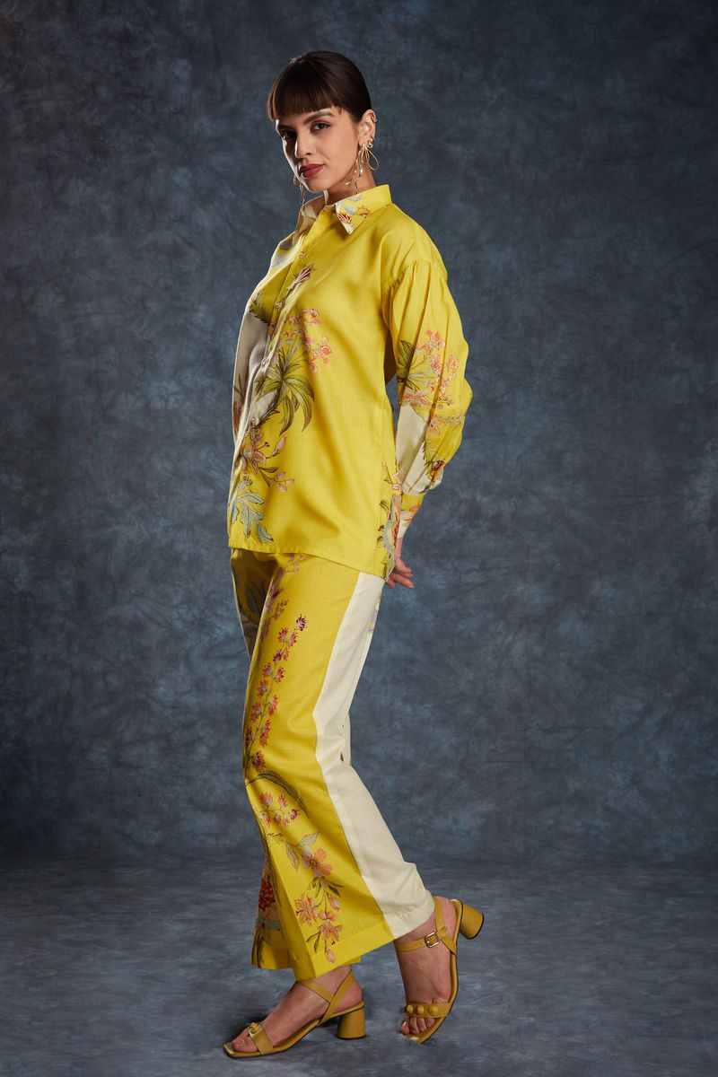 YELLOW LINEN PRINTED TOP,PANT CO-ORD SET - qivii