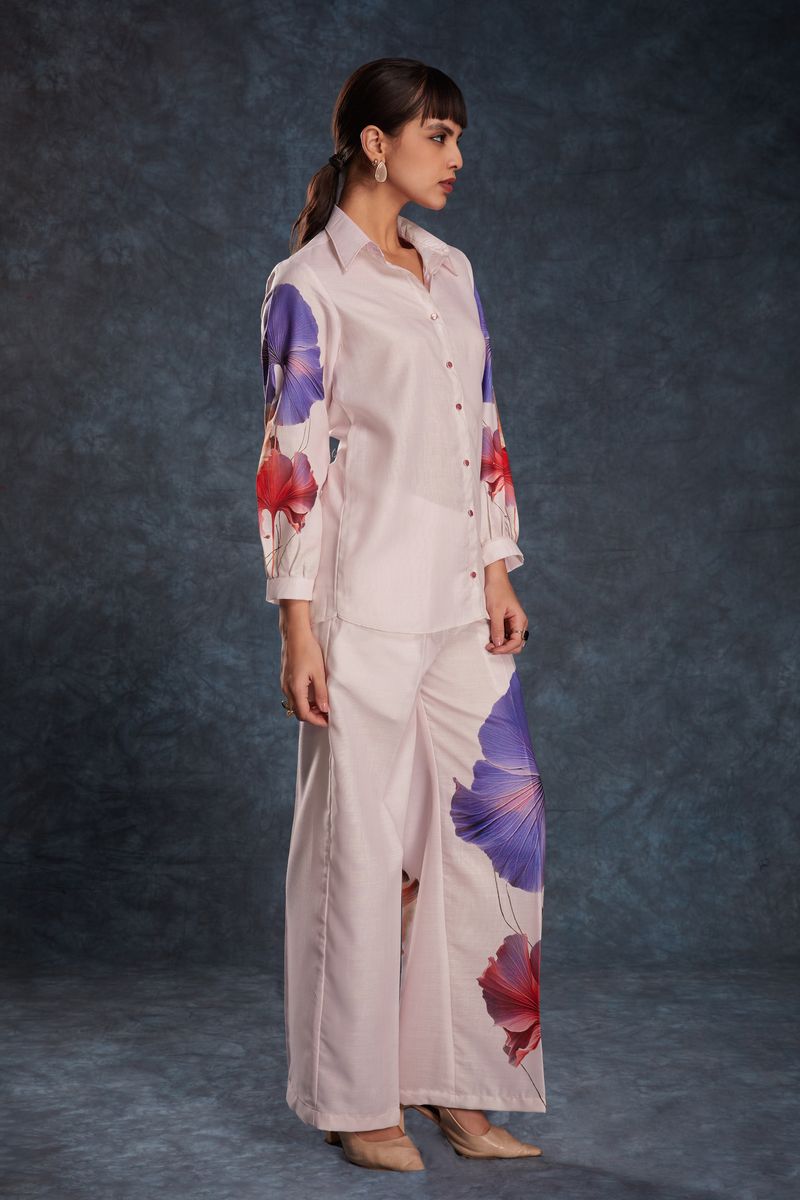 LIGHT PINK LINEN PRINTED TOP,PANT CO-ORD SET - qivii