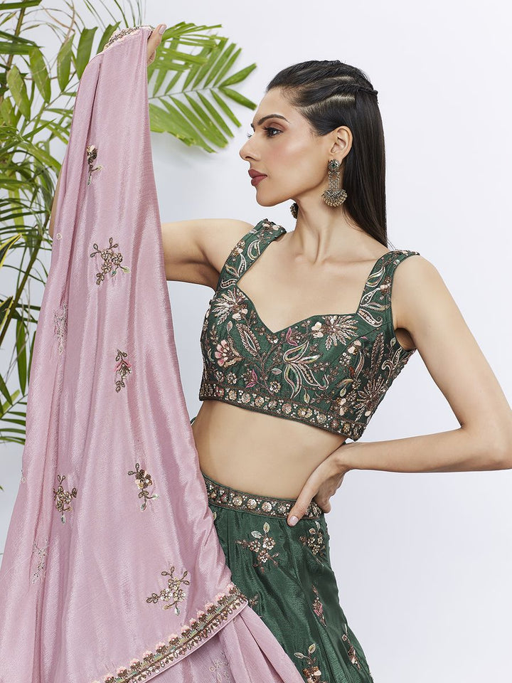 Green Pure Chiffon Sequins and thread embroidery Semi-Stitched Lehenga choli & Dupatta