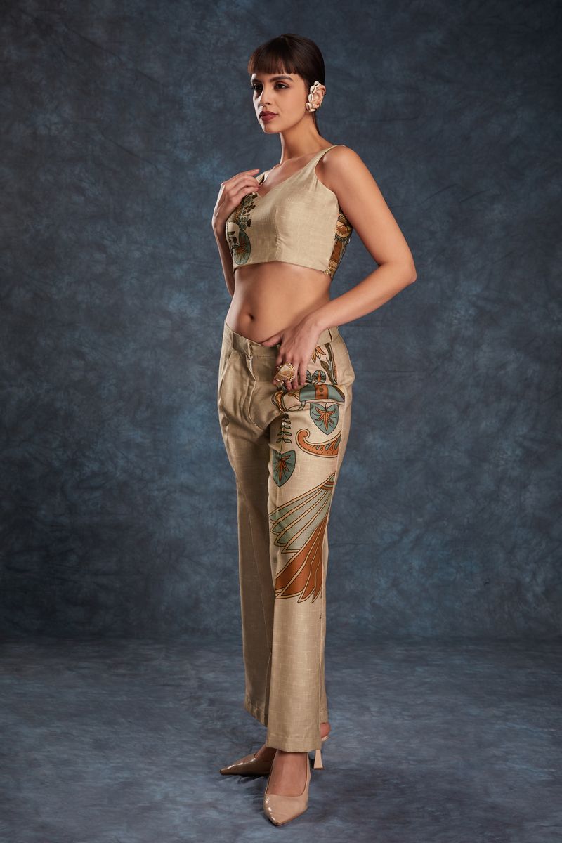 BROWN LINEN PRINTED TOP,PANT CO-ORD SET - qivii