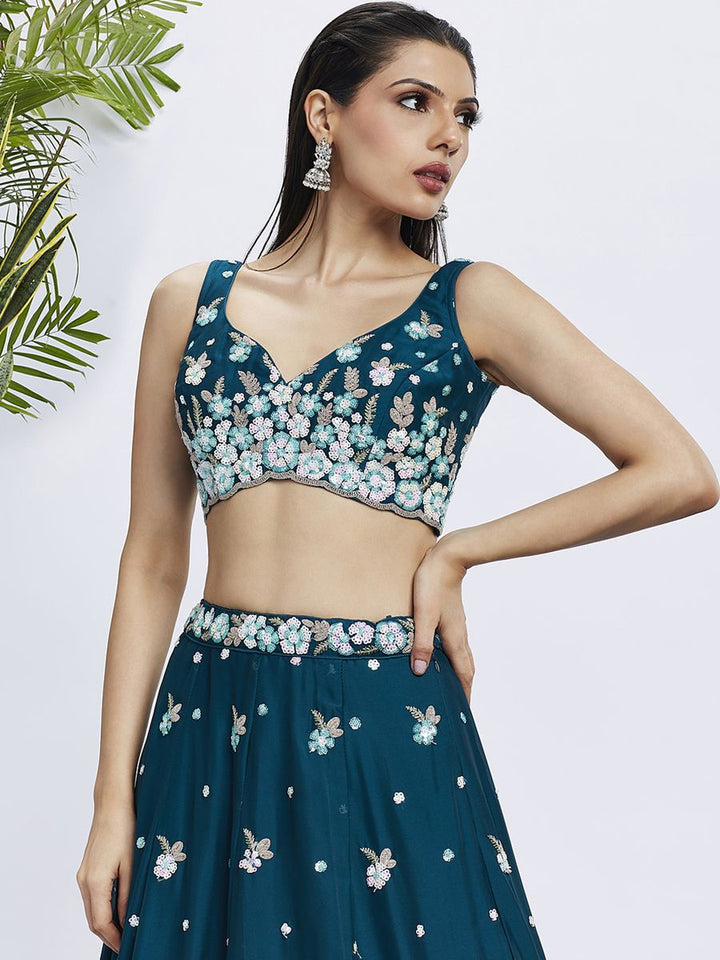 Teal - Pure Georgette Different Color Sequined,Thread,Coding Embroidered Semi-Stitched Lehenga choli