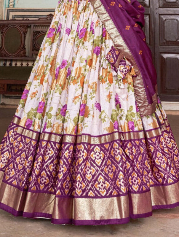 Floral And Patola Print With Foil Work Lehenga Choli in Wine Color