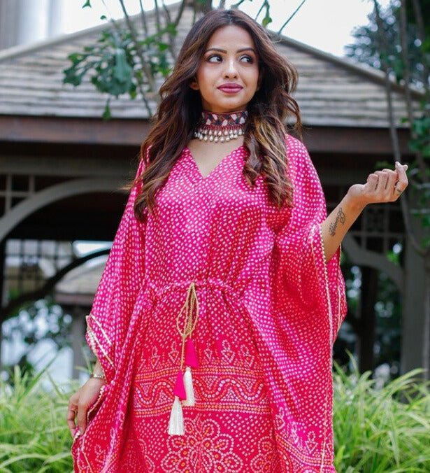 Pink Pure Gaji Silk Digital Print with Gotta Patti Lace Border also comes with tassels Kaftan Dress