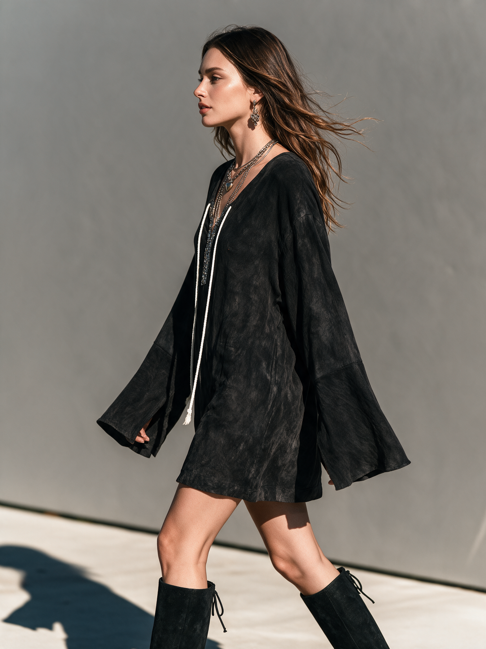 Women's Casual Black Eco-Friendly Suede And Sequin V-Neck Long-Sleeve Mini Dress MDZ0104I3LXY