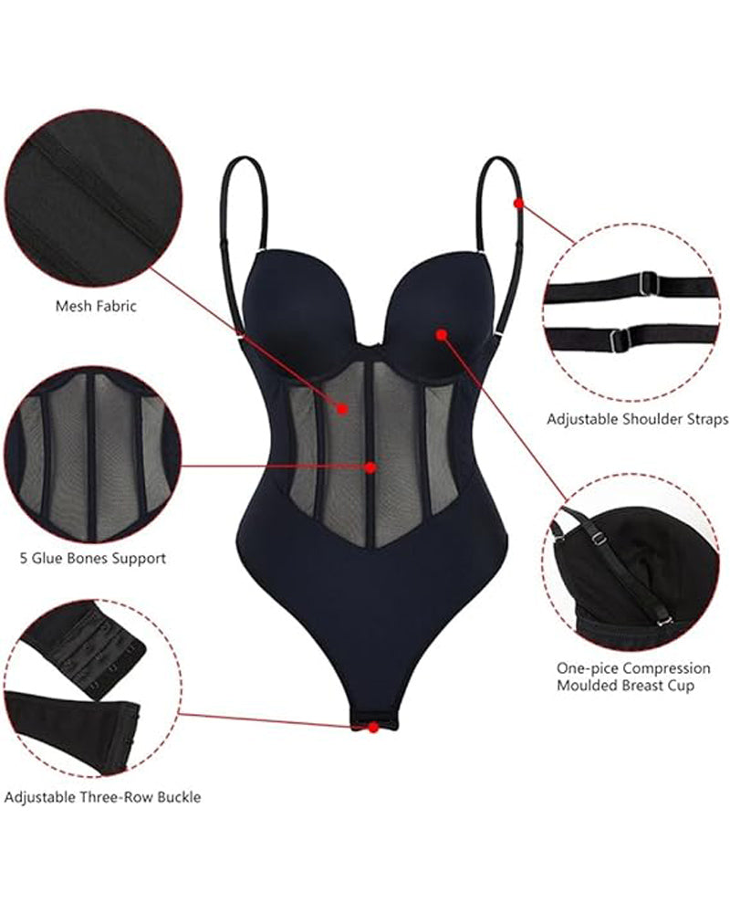 Sexy Mesh Shapewear Corset Backless Thong Bodysuit With Built-in Bra  - By Qivii