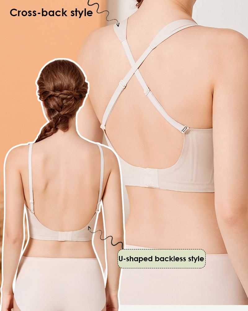 Women's Seamless Low Back Wireless Deep U Shaped Backless Comfort Minimizer Bra  - By Qivii