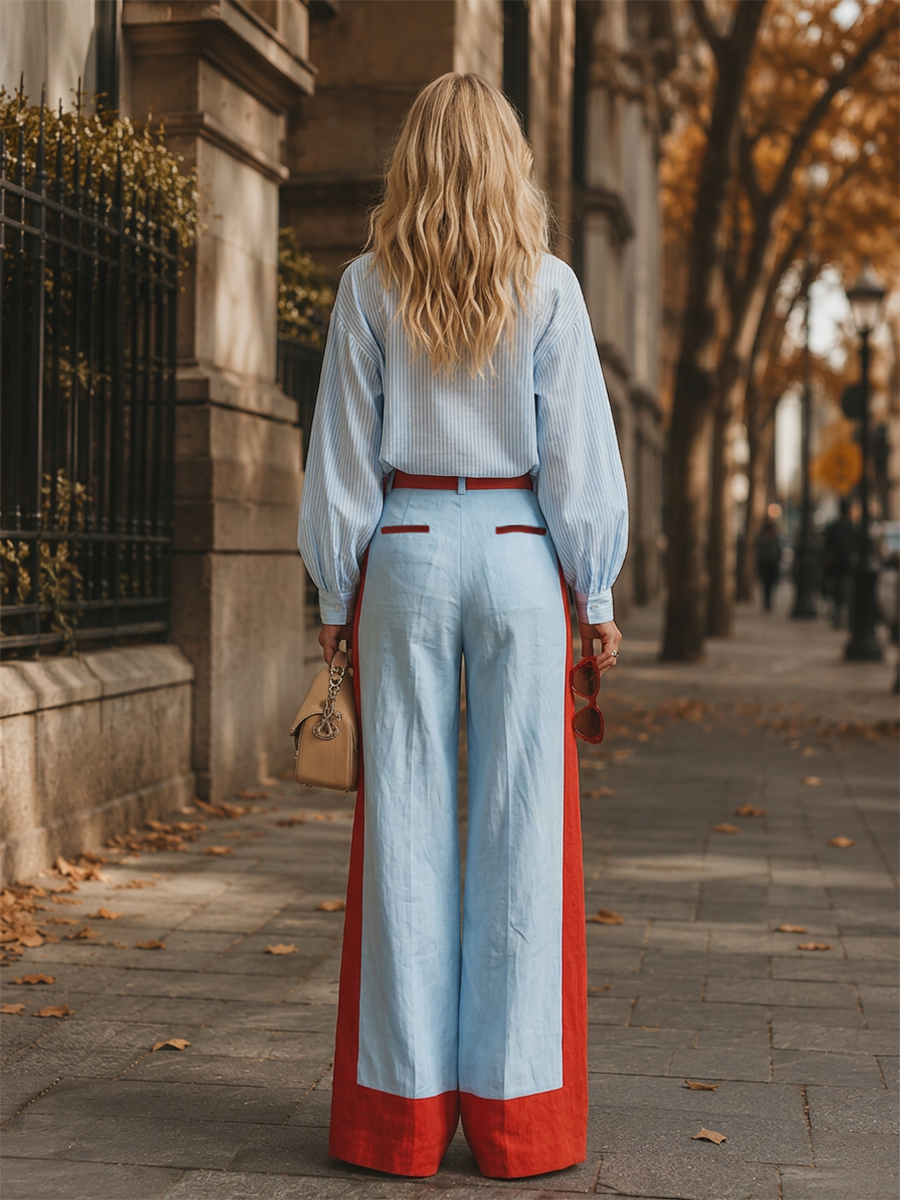 Stylish Casual Blue Striped Shirt And Color-Block Wide-Leg Pants Cotton-Linen Set  - By Qivii