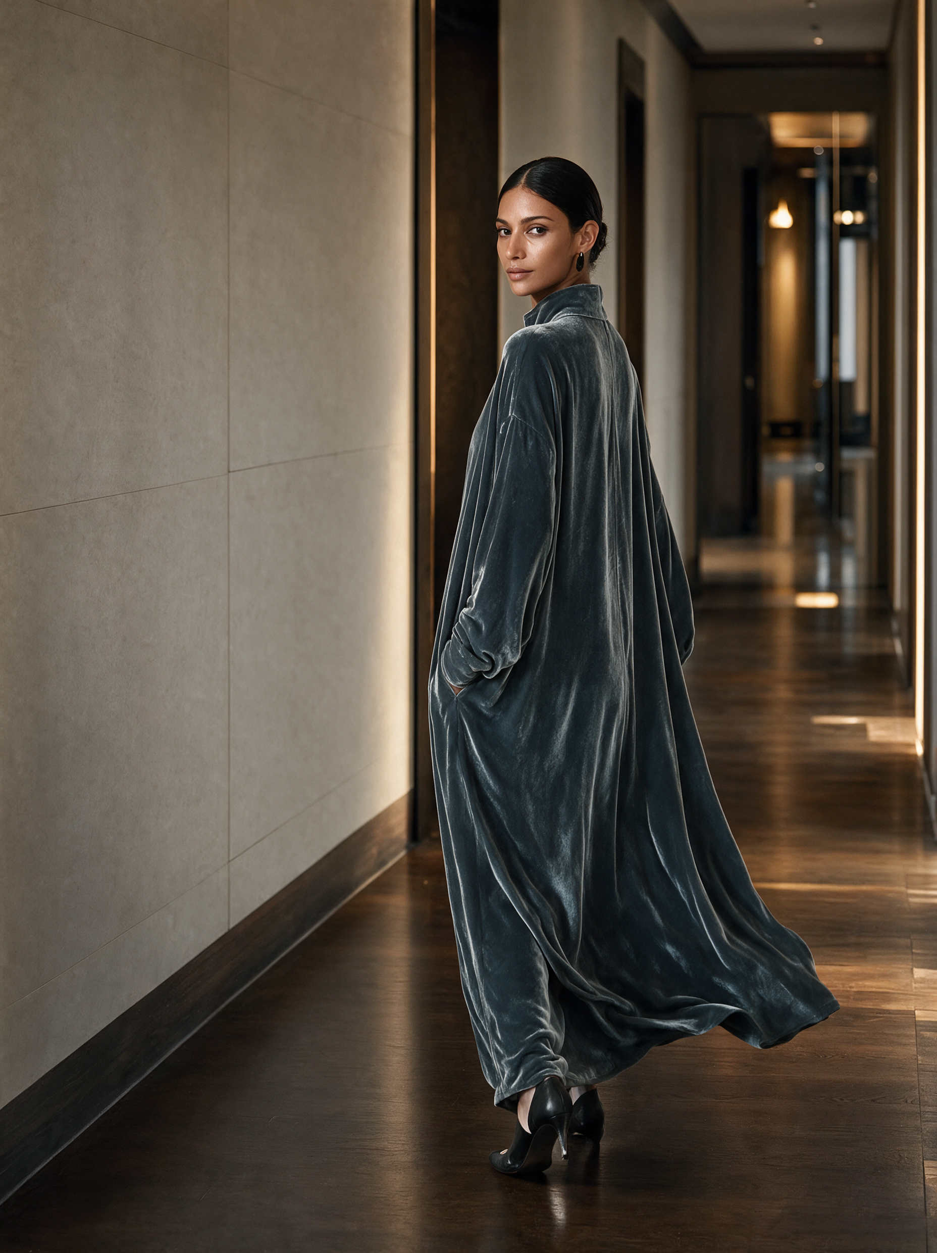 Women's Dusty Blue Stand‑Collared Twist‑Knot Oversized Velvet Maxi Dress MDZ0335I5R