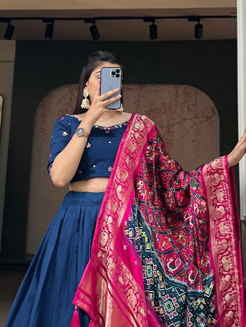 Pure Cotton Lehenga and the Lustrous Allure of Gaji Silk Dupatta in Navy Blue Color