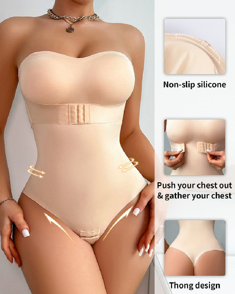 Women's Strapless Tummy Control One Piece Seamless Thong Shapewear Bodysuits  - By Qivii