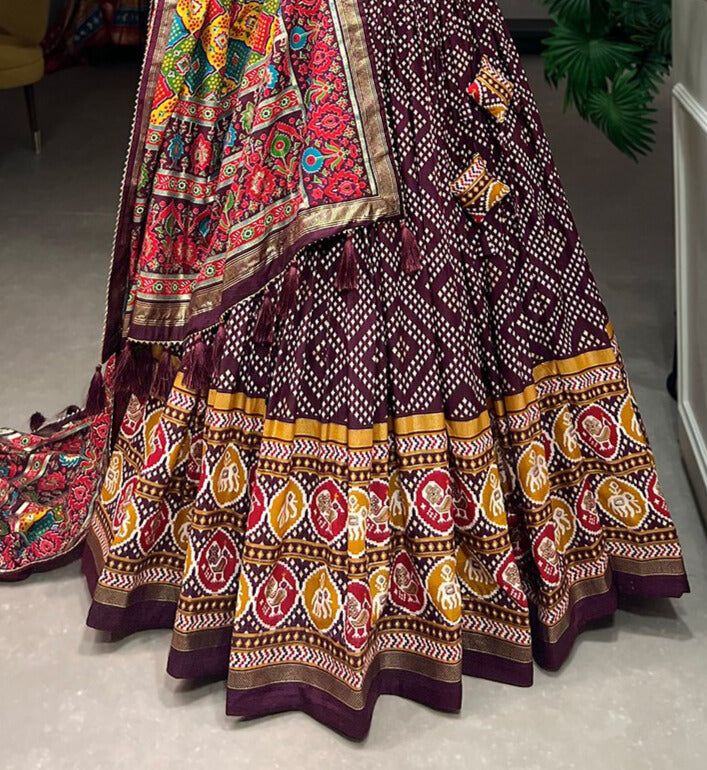 Tussar Silk Bandhej And Patola Print With Foil Work In Wine Color