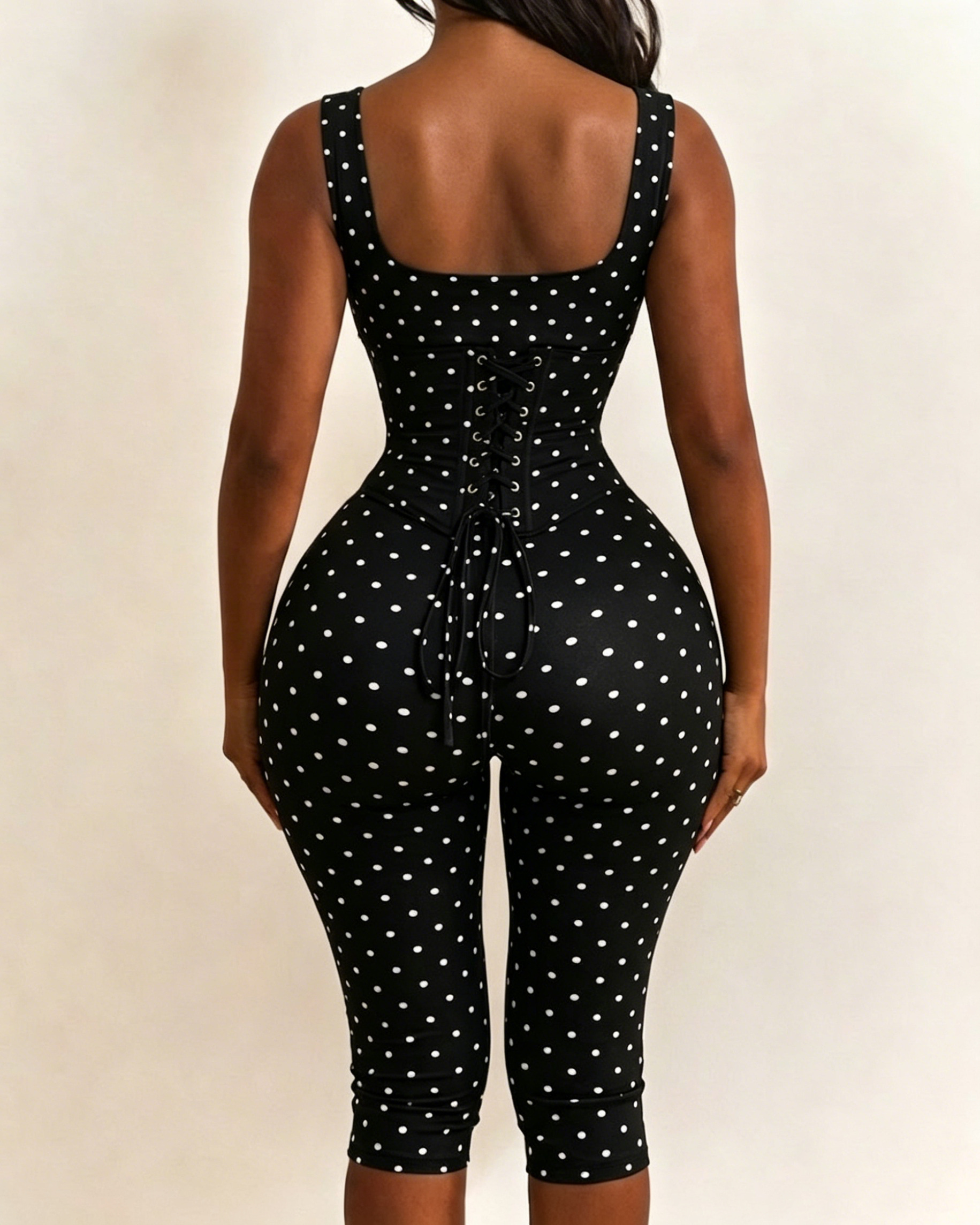 Polka Dot Square Neck Capri Jumpsuit with Hourglass Detachable Corset Two-Piece Set  - By Qivii