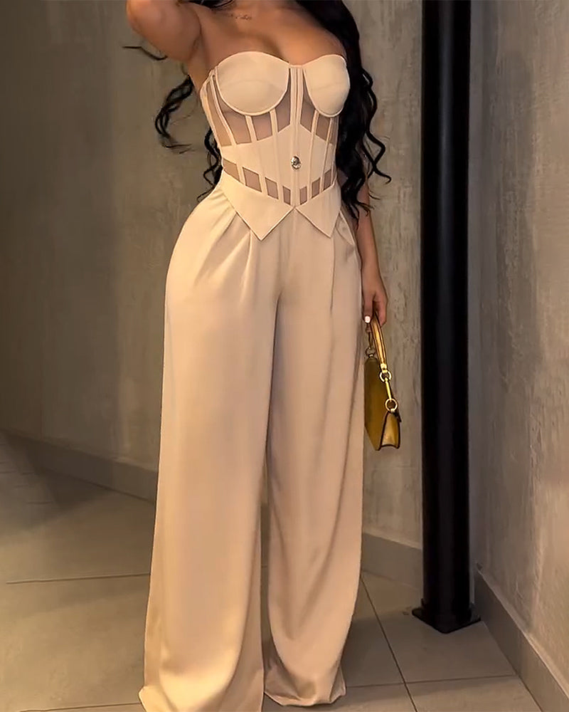 Strapless Mesh Cutout Corset Wide-Leg Jumpsuit  - By Qivii