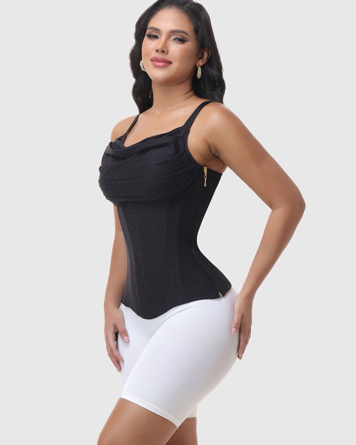 Draped Cowl Neck Side Zipper Adjustable Strap Waist Cincher Shaping Vest