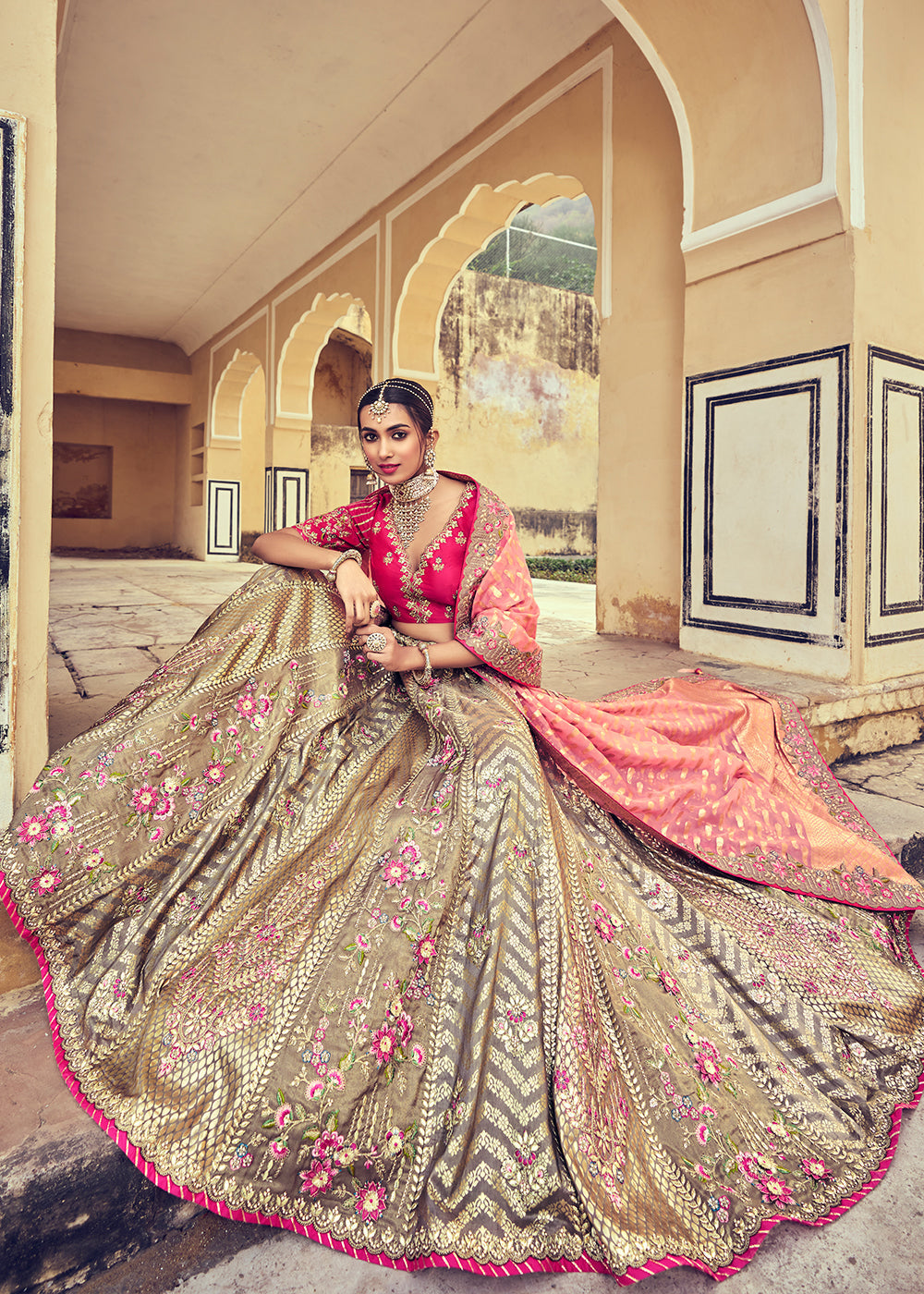 Grey & Pink Banarasi Silk Lehenga Choli with Khatli and Heavy Embroidered work: Top Pick