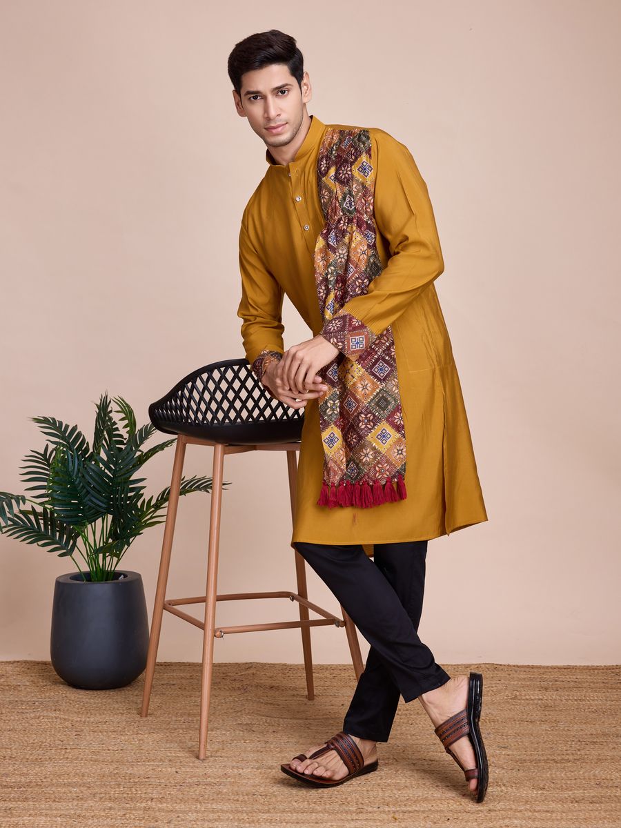 Yellow Silk Print with sequance work Kurta Set