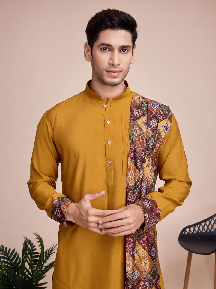 Yellow Silk Print with sequance work Kurta Set