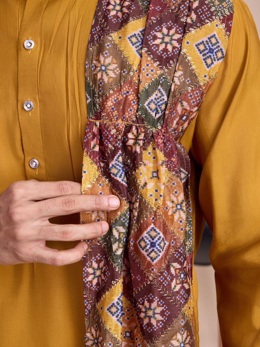 Yellow Silk Print with sequance work Kurta Set