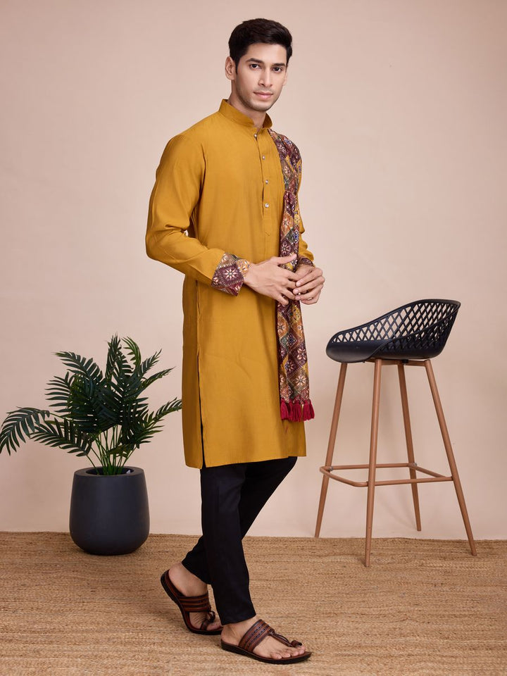 Yellow Silk Print with sequance work Kurta Set