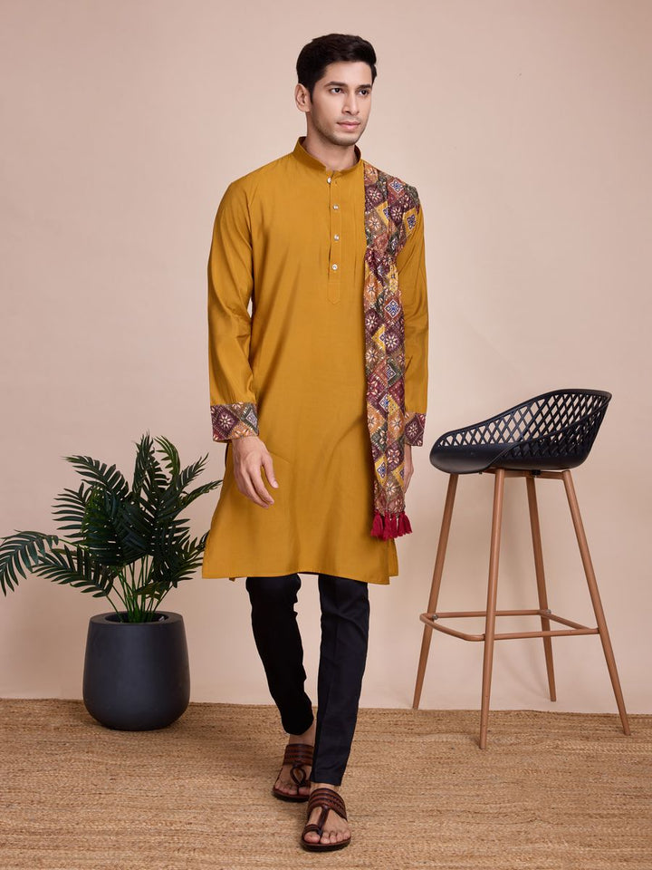 Yellow Silk Print with sequance work Kurta Set