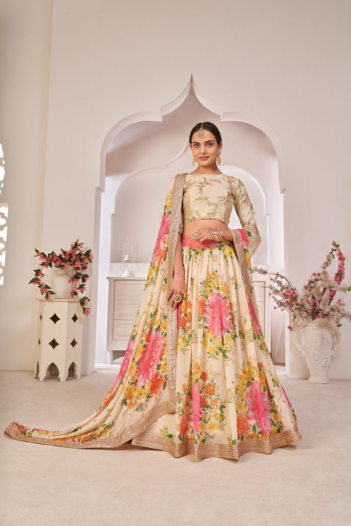 CREAM GEORGETTE DIGITAL PRINT WITH,SEQUINS EMBROIDERED  WORK LEHENGA