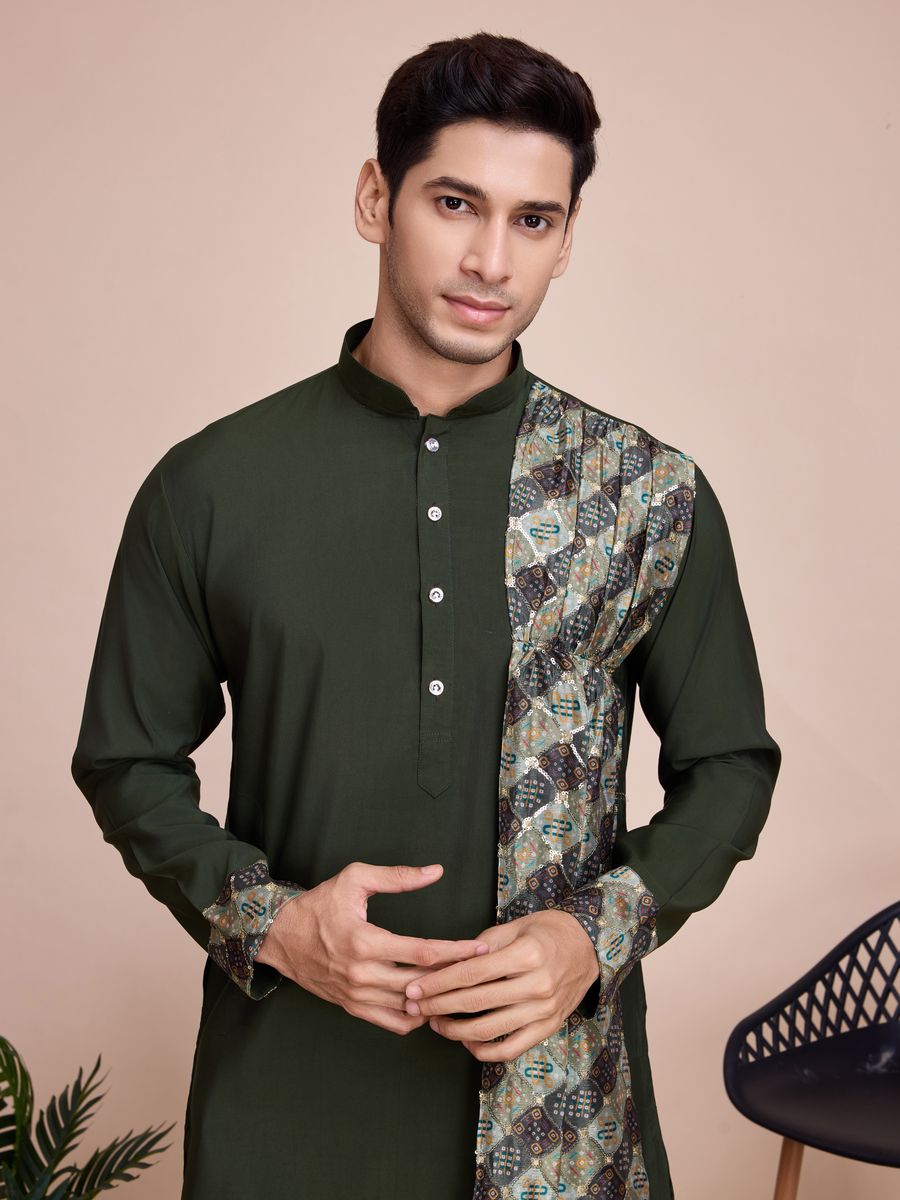 Green Silk Print with sequance work Kurta Set