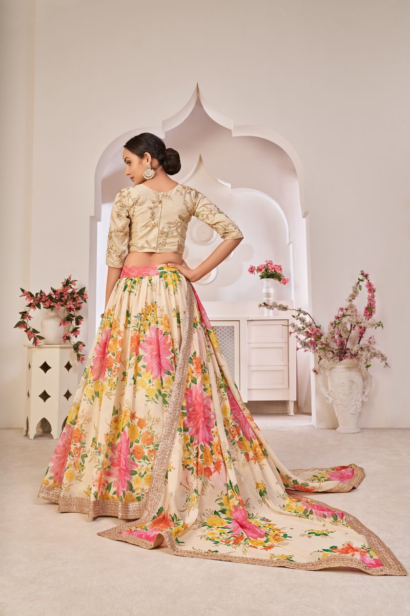 CREAM GEORGETTE DIGITAL PRINT WITH,SEQUINS EMBROIDERED  WORK LEHENGA