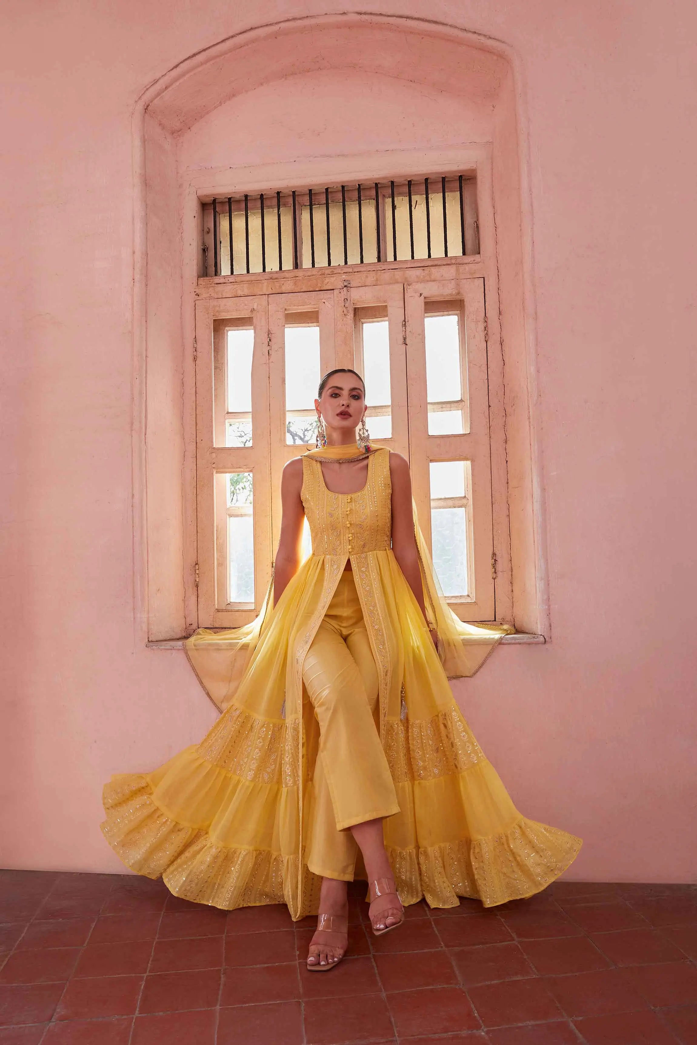 Yellow Embellished With Thread Sequins Embroidery Work Indo Western With Dupatta - qivii