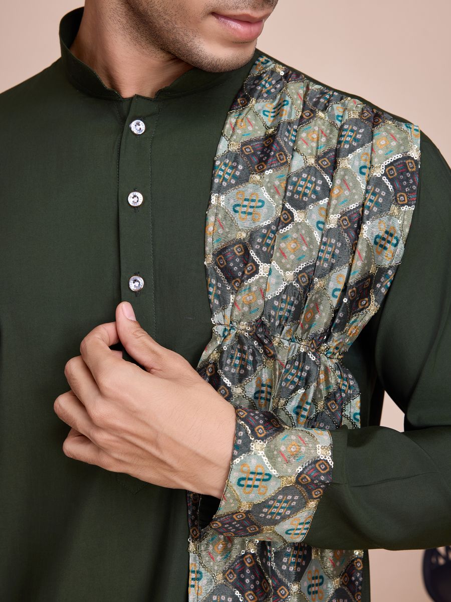 Green Silk Print with sequance work Kurta Set