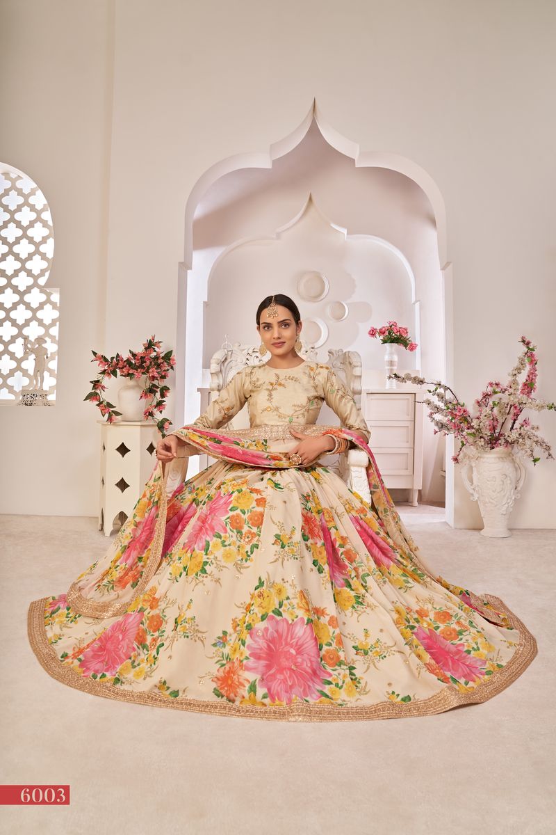 CREAM GEORGETTE DIGITAL PRINT WITH,SEQUINS EMBROIDERED  WORK LEHENGA