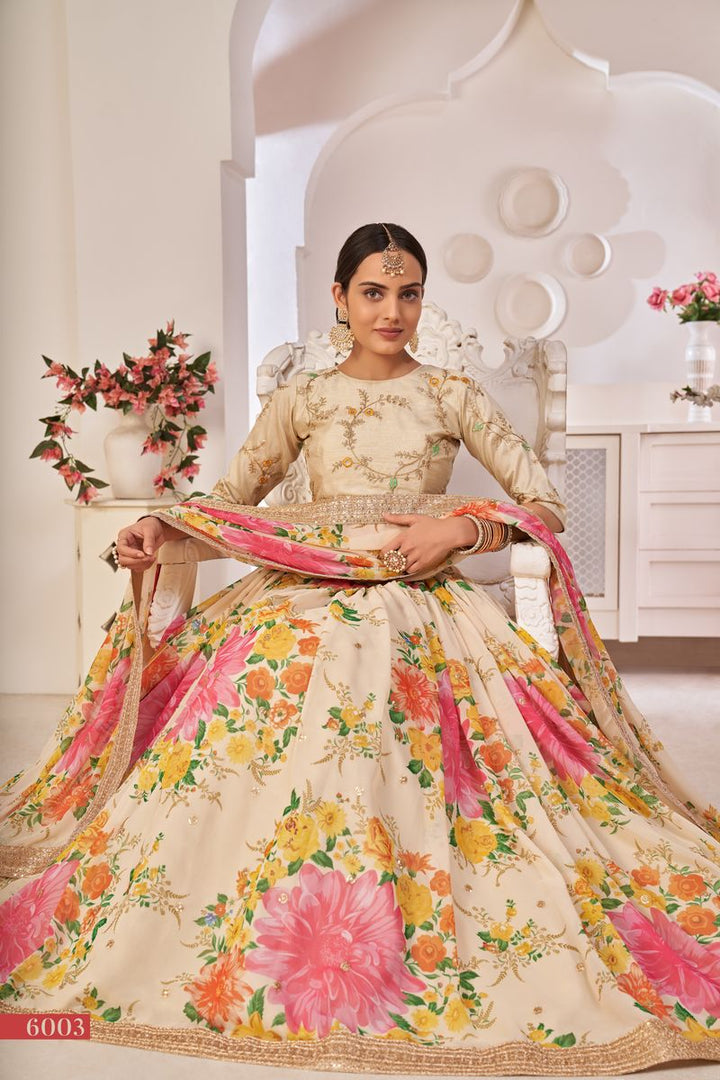 CREAM GEORGETTE DIGITAL PRINT WITH,SEQUINS EMBROIDERED  WORK LEHENGA