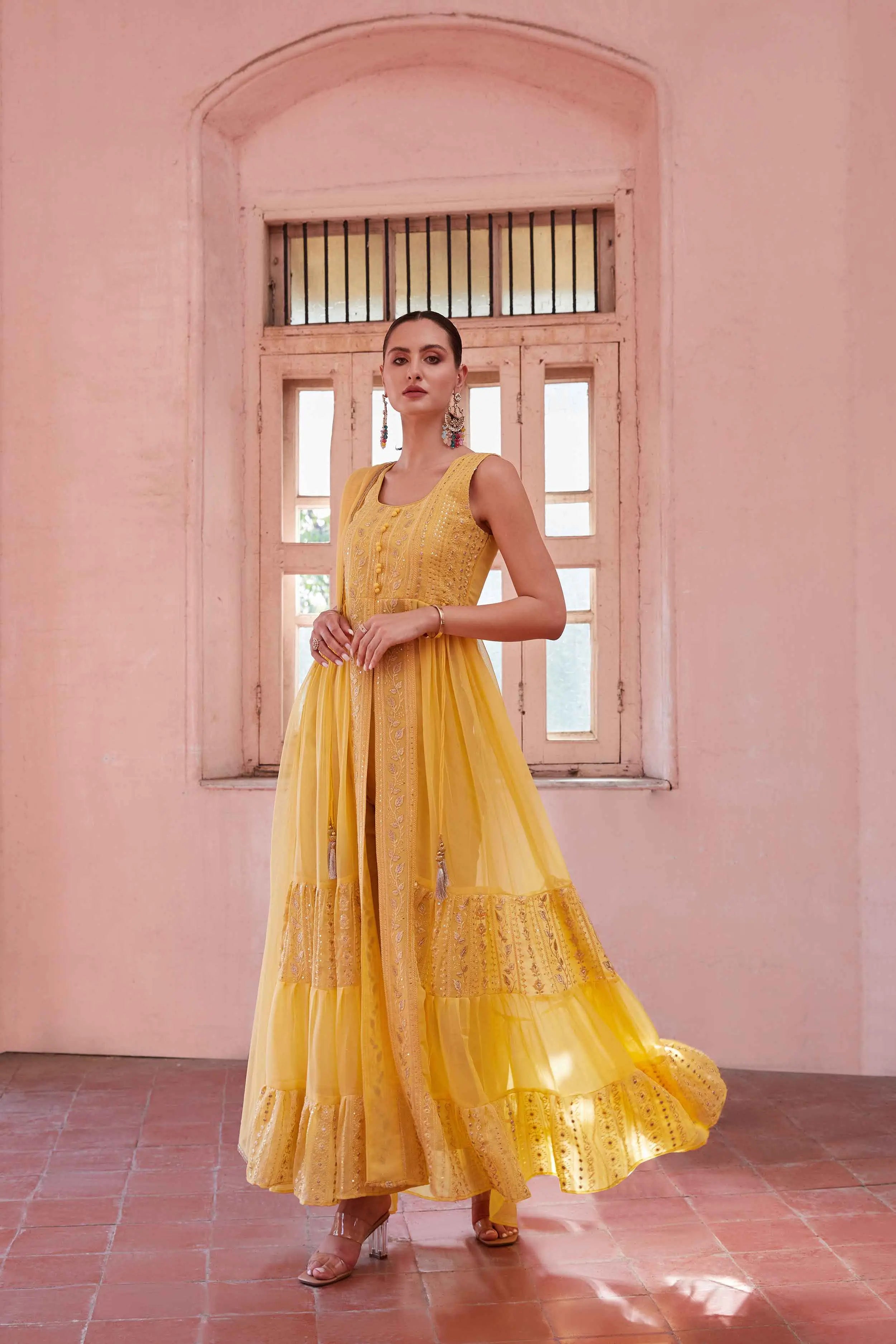 Yellow Embellished With Thread Sequins Embroidery Work Indo Western With Dupatta - qivii