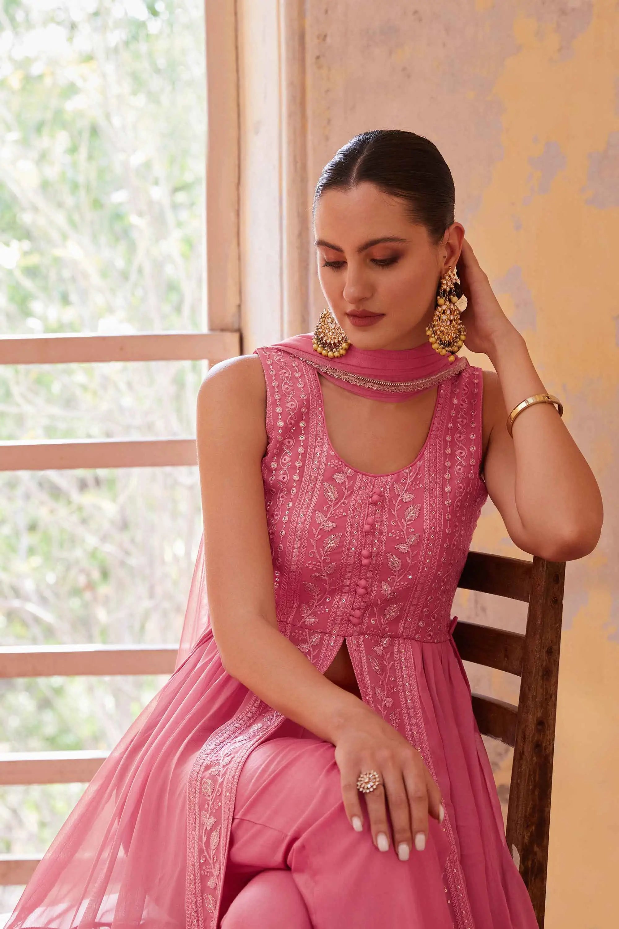 Gajri Pink Embellished With Thread Sequins Embroidery Work Indo Western With Dupatta - qivii