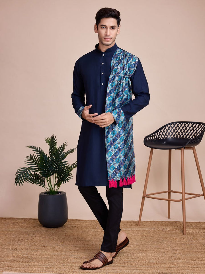 Navy Blue Silk Print with sequance work Kurta Set