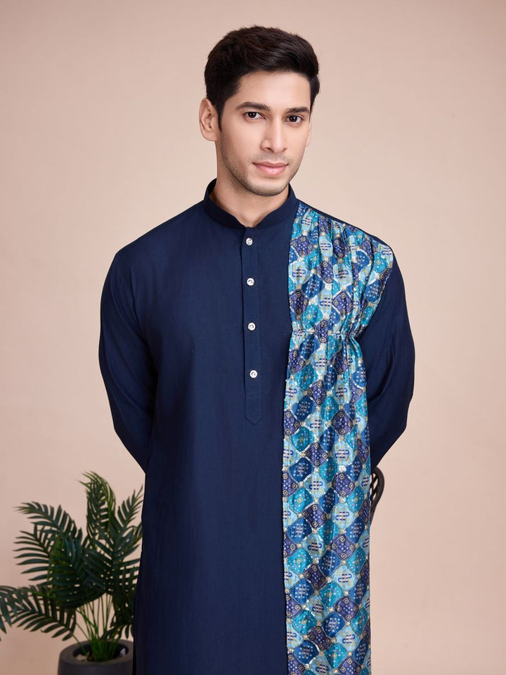 Navy Blue Silk Print with sequance work Kurta Set