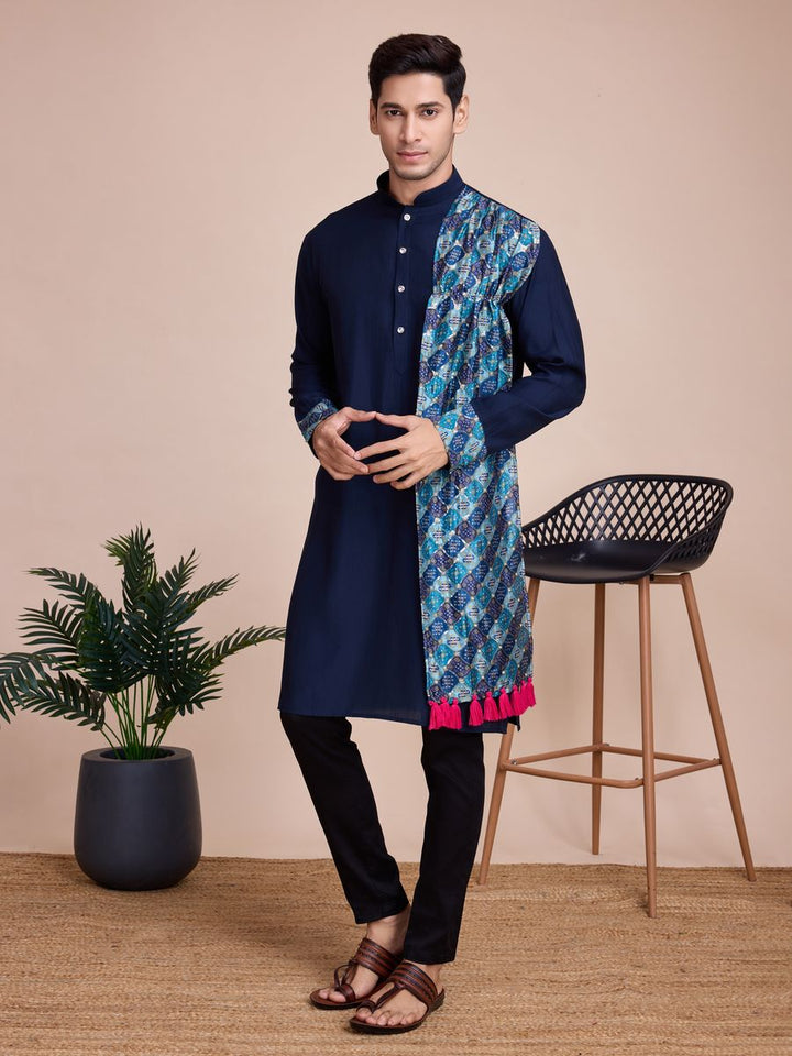 Navy Blue Silk Print with sequance work Kurta Set