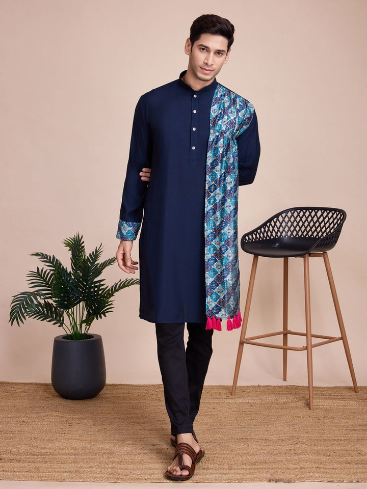 Navy Blue Silk Print with sequance work Kurta Set