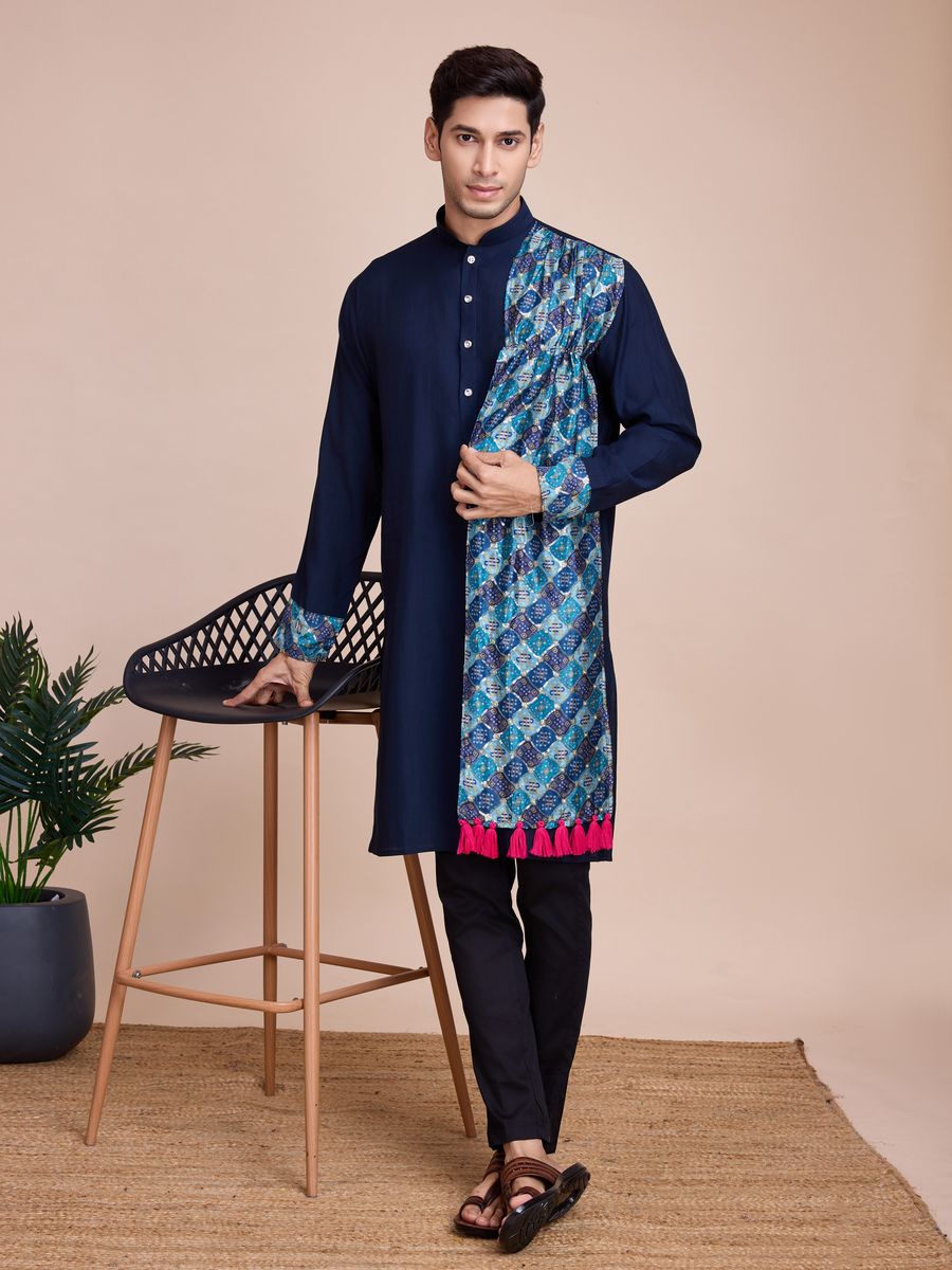 Navy Blue Silk Print with sequance work Kurta Set